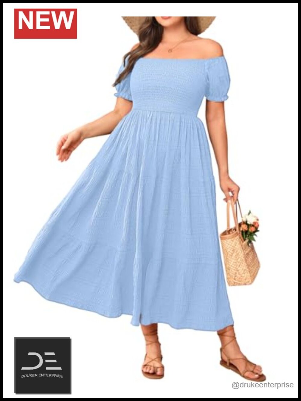 Plus Size Off Shoulder Smocked Boho Maxi Dress Puff Sleeve Pockets
